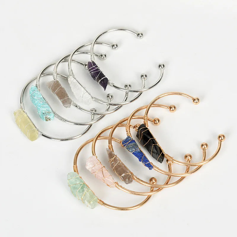 Natural Gemstone Gold Silver Wire Wrapped Jewelry Natural Crystal Rose Quartz Amethyst Labradorite Stone Open Bracelet for Wo