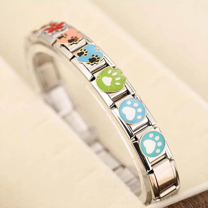 Fashion Pretty Colors Flower Friendship Femme Clover Stainless Steel Italian Bracelets Links Print Dog Paw Charm DJ1141-C