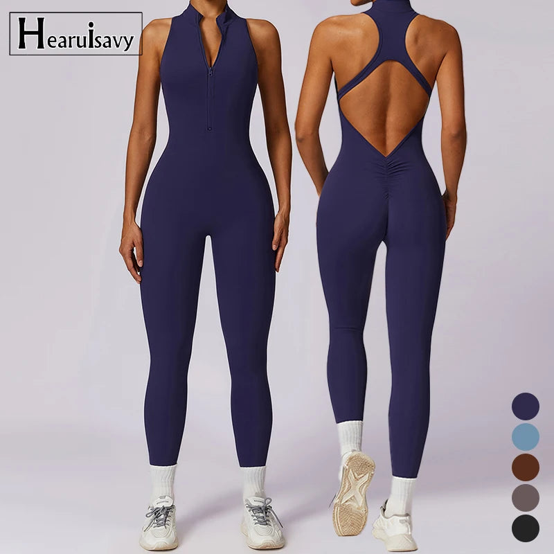 High Intensity Fitness Training Spring Breathable Sports Tights Quick Drying Zipper Yoga One Piece Jumpsuit Women Apparel Sto