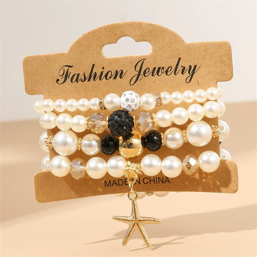 High Quality Boho Multiple Layered Chain Bracelet Women Elastic Pearl Star Charm Layer Bracelet for Girls
