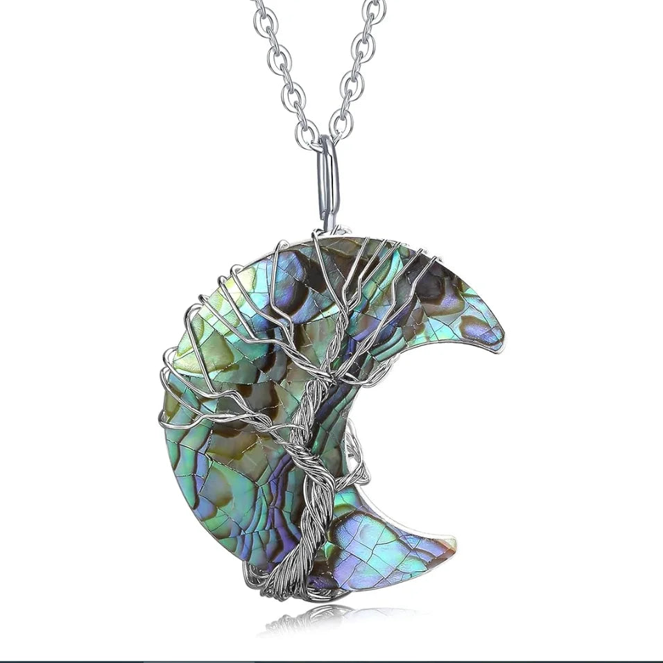 Tree of Life Wire Wrapped Crescent Moon Pendant Natural Gemstone Quartz Jewelry Silver Link Chain Moon Charm Necklace