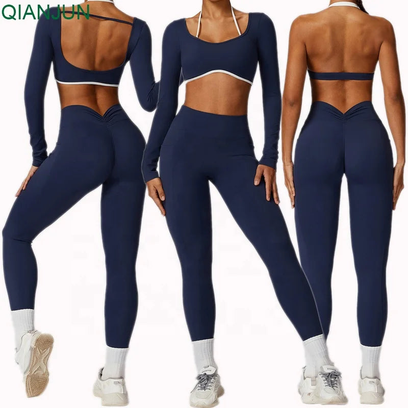 Custom Logo Gym Wear Hollow Out Long Sleeve Yoga Set  Push up Leggings and Bra Outdoor Fitness Yoga Wear for Women