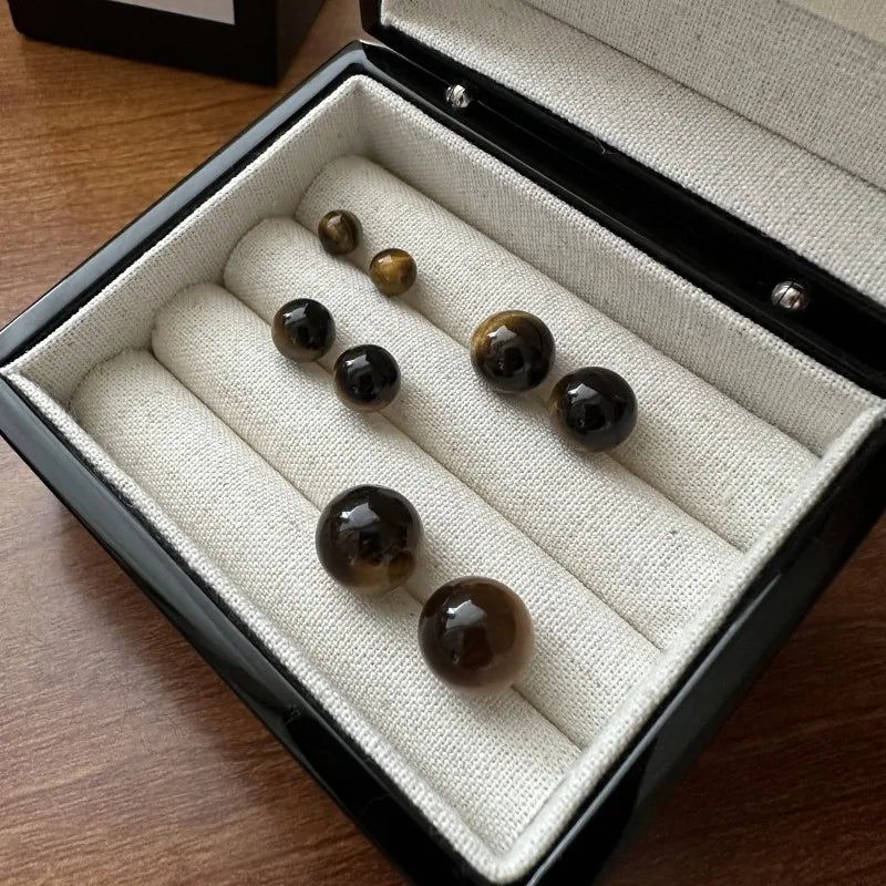 6MM 8MM 10MM 12MM Simple Round Ball Natural Tiger Eye Stone 925 Sterling Silver Stud Earrings for Ladies