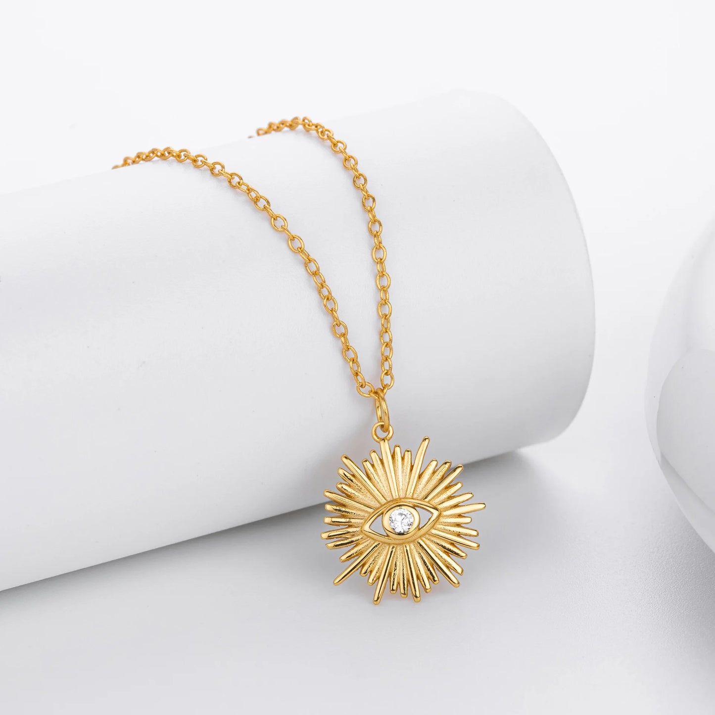 Retro Eye of the Sun Fine Women Jewelry Zircon 18K Gold 925 Sterling Silver Pendant Necklace