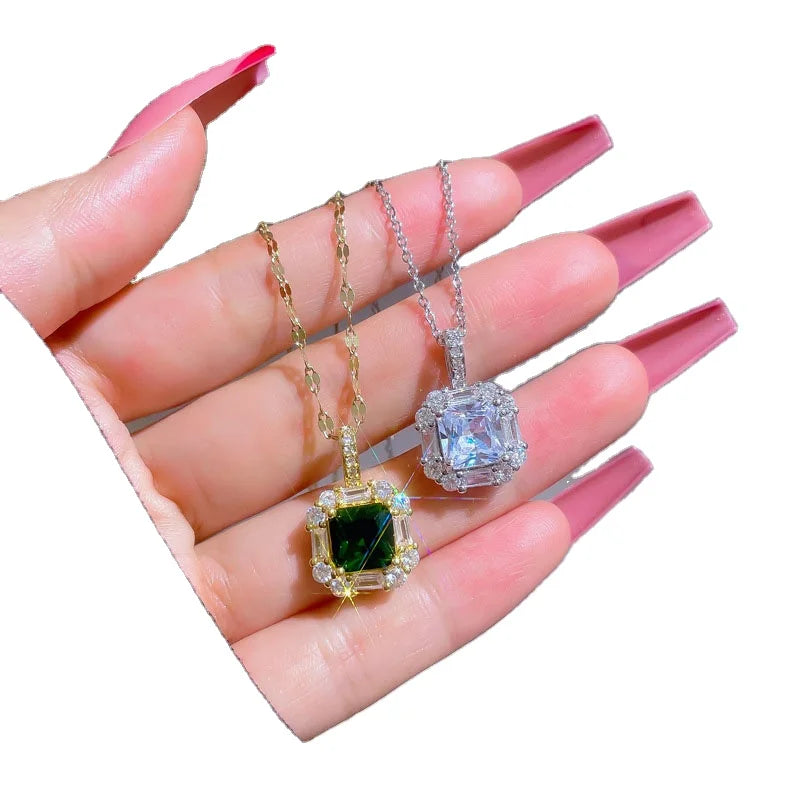 DAIHE 2024 New Design Stainless Steel Chain Full Diamond Square Charms Necklace for Women