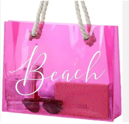 High Quality Customized Fashion Pink Bags With Thick Cotton Handle Transparent Pvc Waterproof Tote Shopping Bag clear Beach B