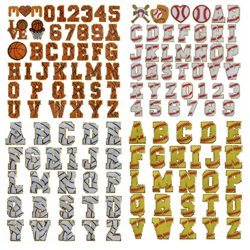 7CM Iron on Sport  Glitter Gold Edge White Yellow Baseball  Pattern Chenille  Letter Number Patches for Hat Clothing Decorati