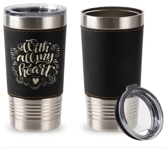 Stainless Steel Tumbler 20OZ  Brown PU Leather Sleeve for Engraving Black Logo Name Patterns Vacuum Insulated Travel Tumbler 