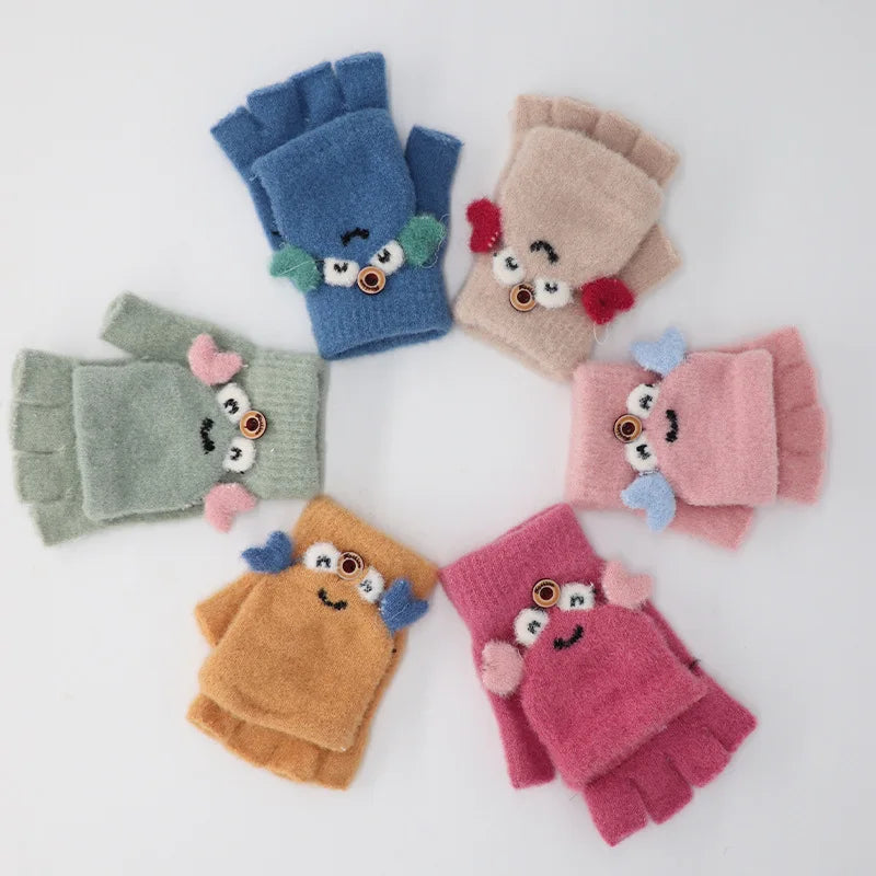 MIO Lovely Soft Knitted Fingerless Animals Gloves Winter Cute Cartoon Frog Warm Stretch Gloves Convertible Flip for Toddler K