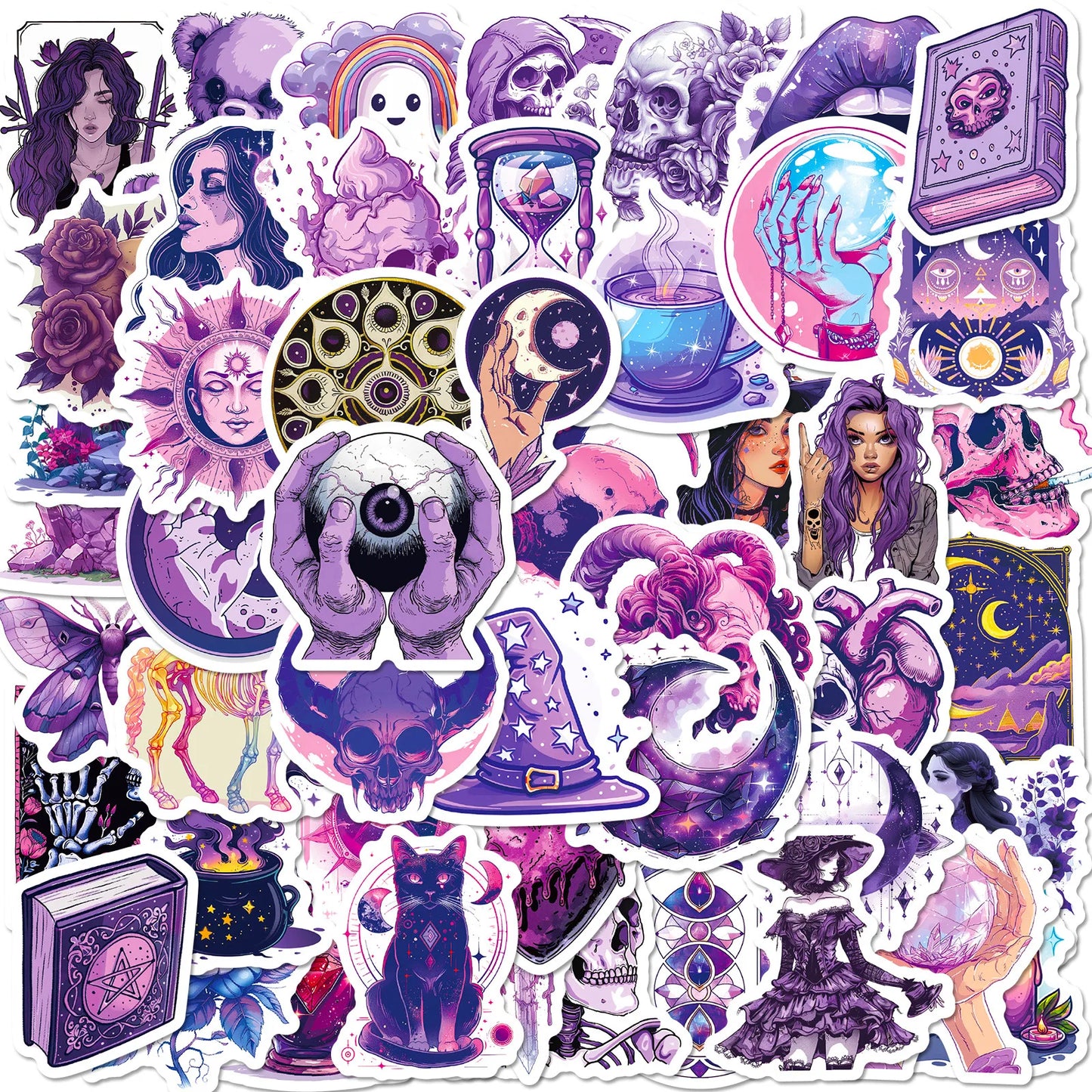 50pcs Cool Purple Gothic Divination Aesthetic Skeleton Horror Ghost Witchy Sticker