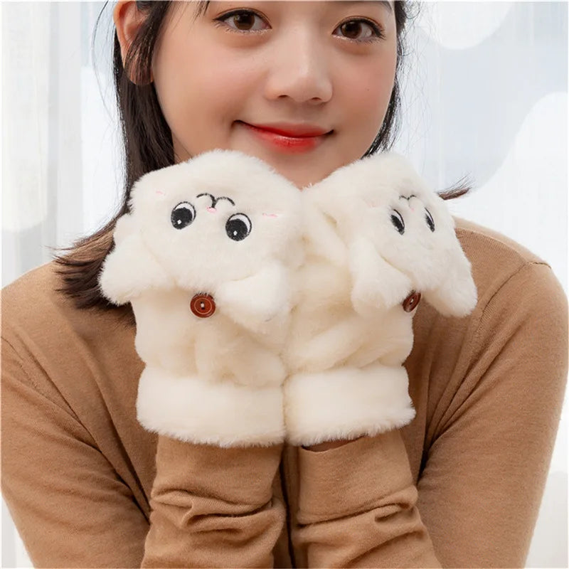 MIO Cute Cartoon Plush Cat Fingerless Gloves Women Girls Lovely Winter Soft Warm Thicken Gloves Convertible Full-Finger Glove