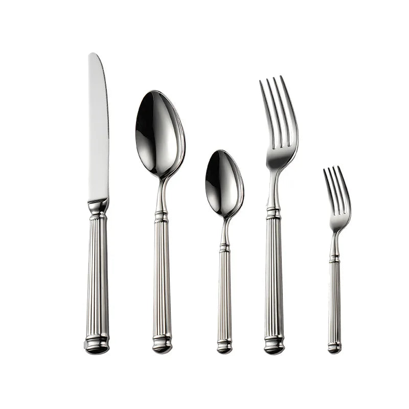 Luxury Flatware Set with Roman Column Design Handle Steel Dinner Knife Spoon Fork Cutlery Set