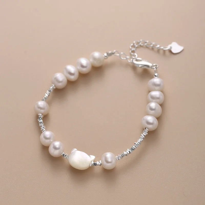 Statement Cat Shape Shell Bracelet Natural Freshwater Pearl Beaded 925 Sterling Silver Charm Bracelets Women Fashion Jewelry
