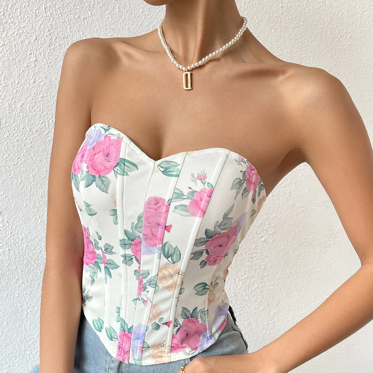 European and American Sexy Spicy Girl Low Cut Open Back Flower Wrapped Chest Diamond Fish Bone Tie Waist Corset  Vest