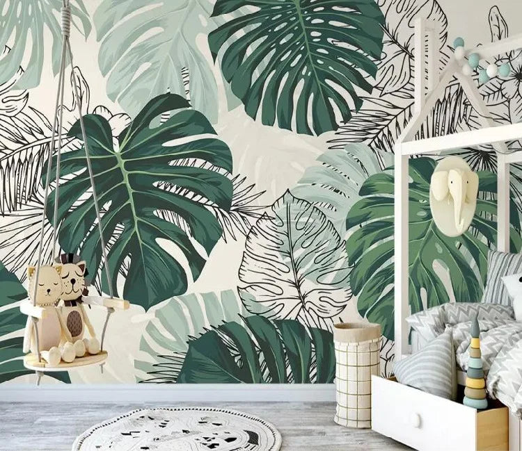 Southeast Asian Wallpaper Restaurant Literary Bedroom Background Wall Cloth Banana Leaf  3d Green Plant Wall Sticker Mural