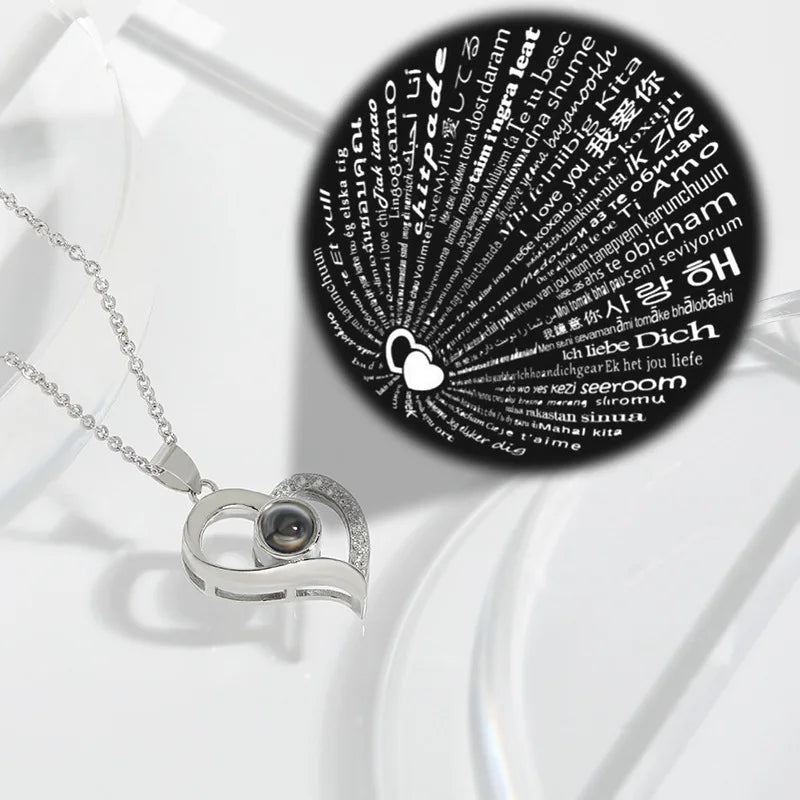 925 Sterling Projection Couple Necklace Heart 100 Languages I Love You Fine Jewelry Necklace Choker Fashion Necklaces for Wom