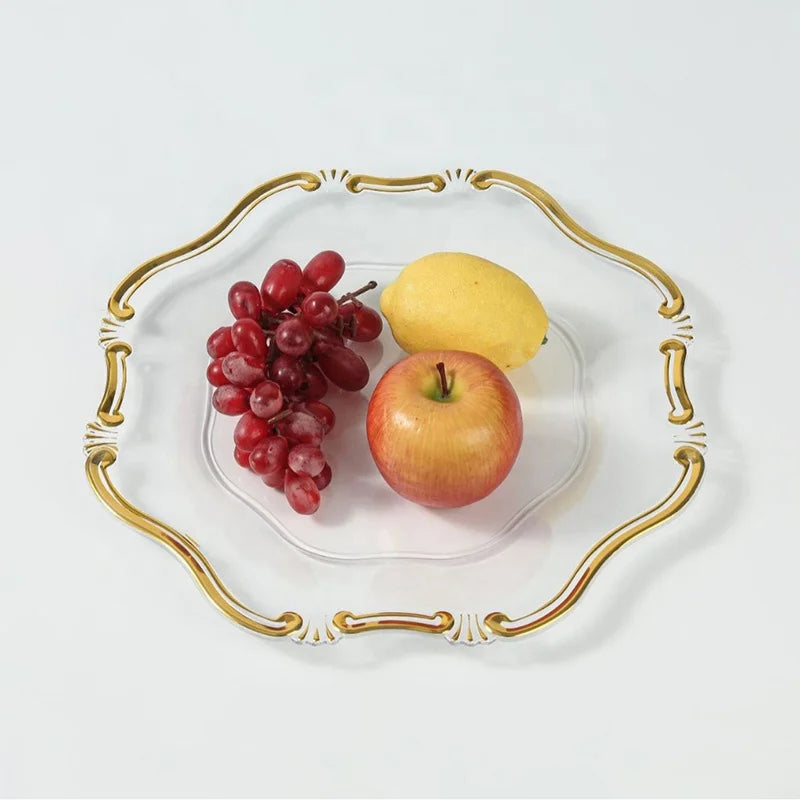 Modern Style Wedding Party Custom Irregular clear Gold Rimmed Plastic Charger Plate