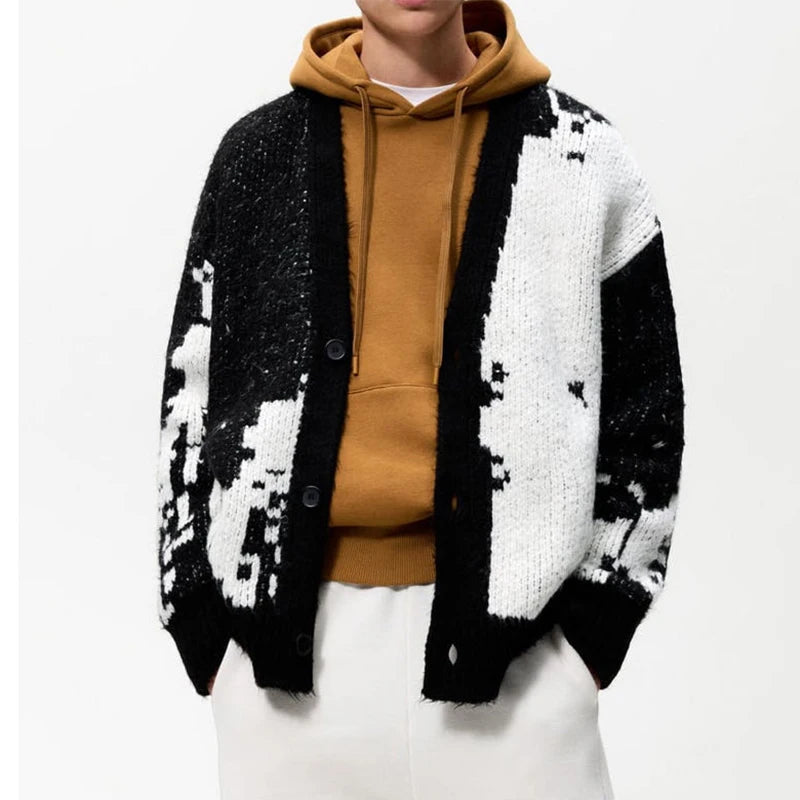 Men's Clothing Winter Oversized Knitted Jacquard Cardigan Sweater Men
