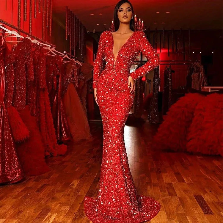 S3820R 2026 New Hot -selling European American Package Hip Fish Tail Red   V -neck Evening Dresses for Women