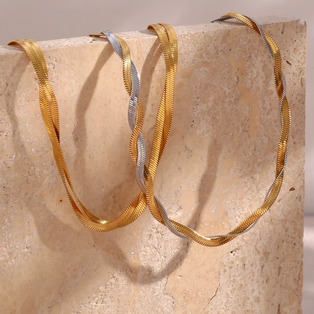 Dreamshow Spring 2024 Fashion  Double Layer Twisted Stainless Steel PVD 18K Gold Herringbone Snake Chain Necklace