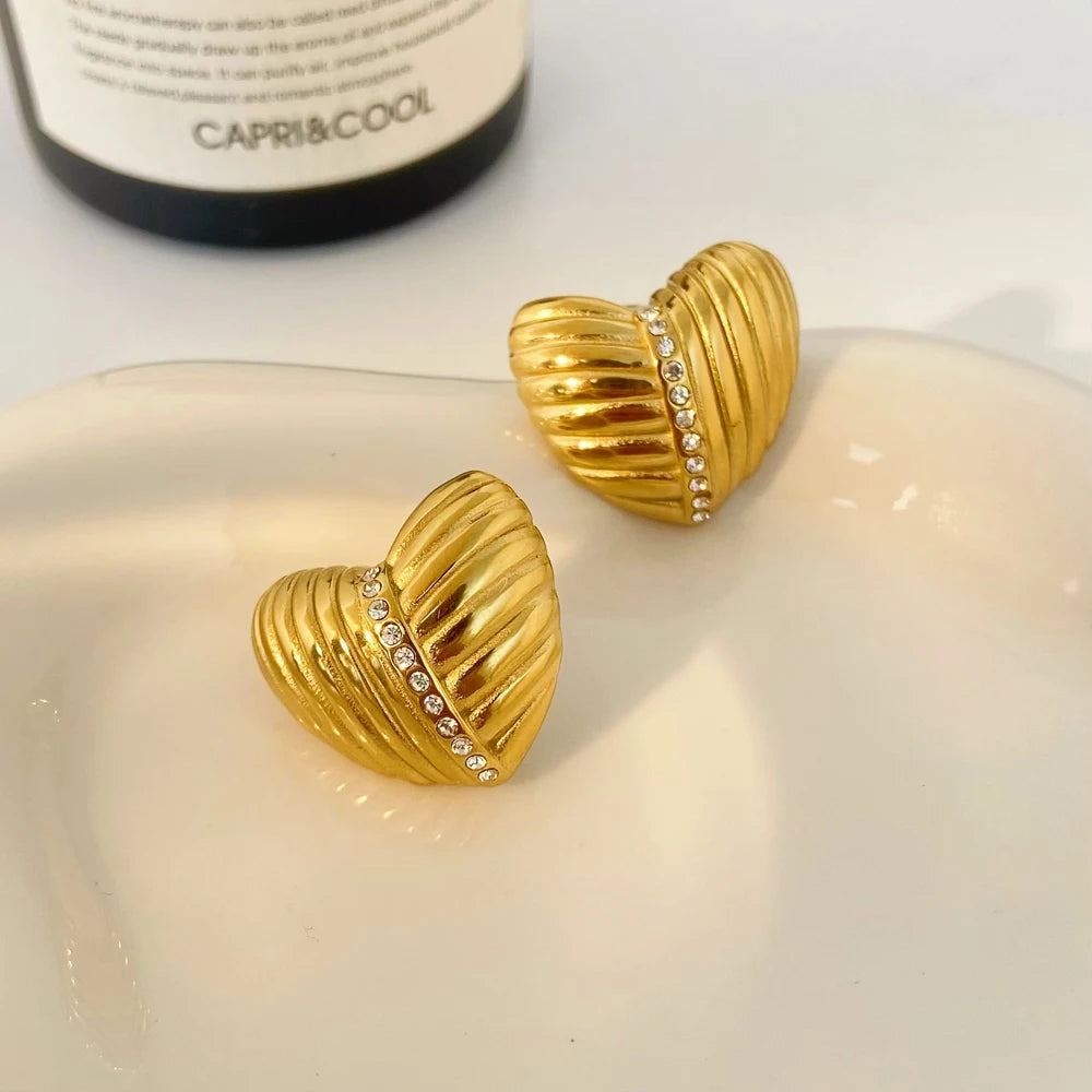 New 18k Gold Stainless Steel Threaded Heart Inlaid Diamond Texture Earrings Fashion Jewelry for Women's Earring Accessories