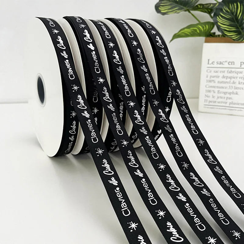 Cotton Gross Grain Embossed Logo Brand Gift Ribbon Printed Black Custom Grosgrain Ribbon Eco-Friendly Durable Logo Decoration