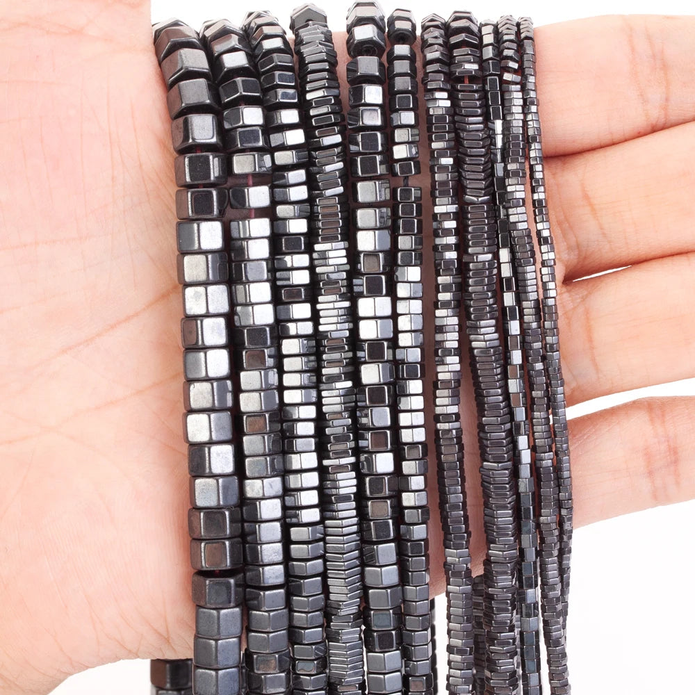 AsVrai U Natural AA+ Black Hematite Stone Hexagonal Square Loose Spacer Beads for Jewelry Making Bracelet Handmade 15''