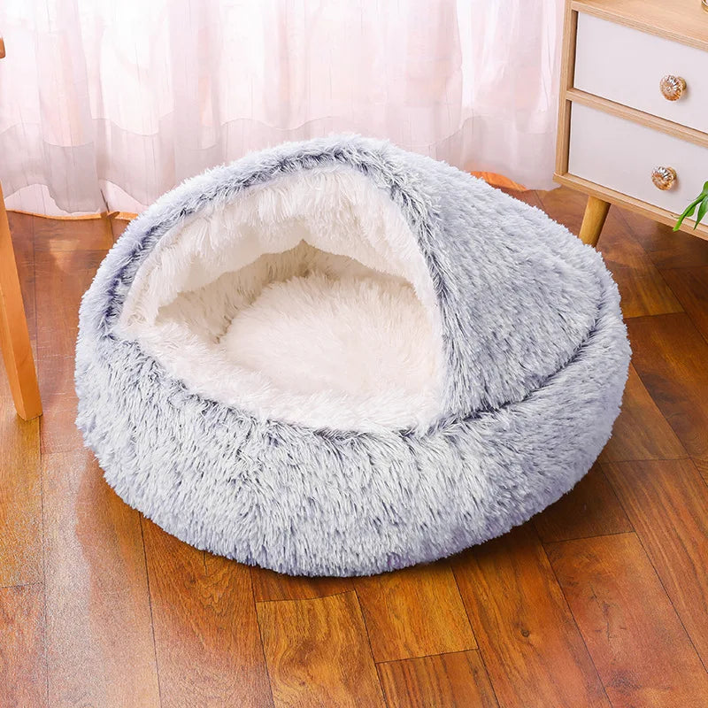 Dual Purpose Luxury Pet Dog Cat Bed Round Plush Fluffy Light Grey Cave Bed