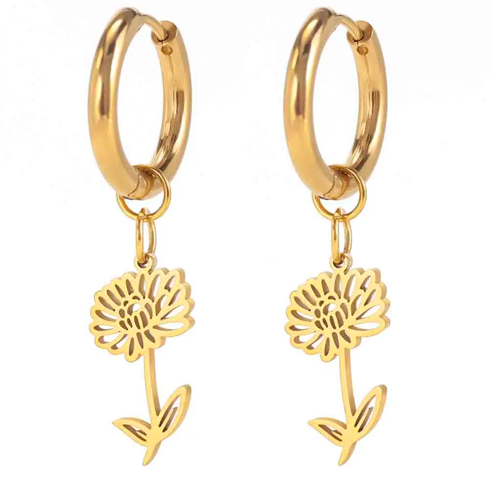 12 Month Birth Flower Drop Stainless Steel Earrings 18K Gold Fine Jewelry Earrings for Women
