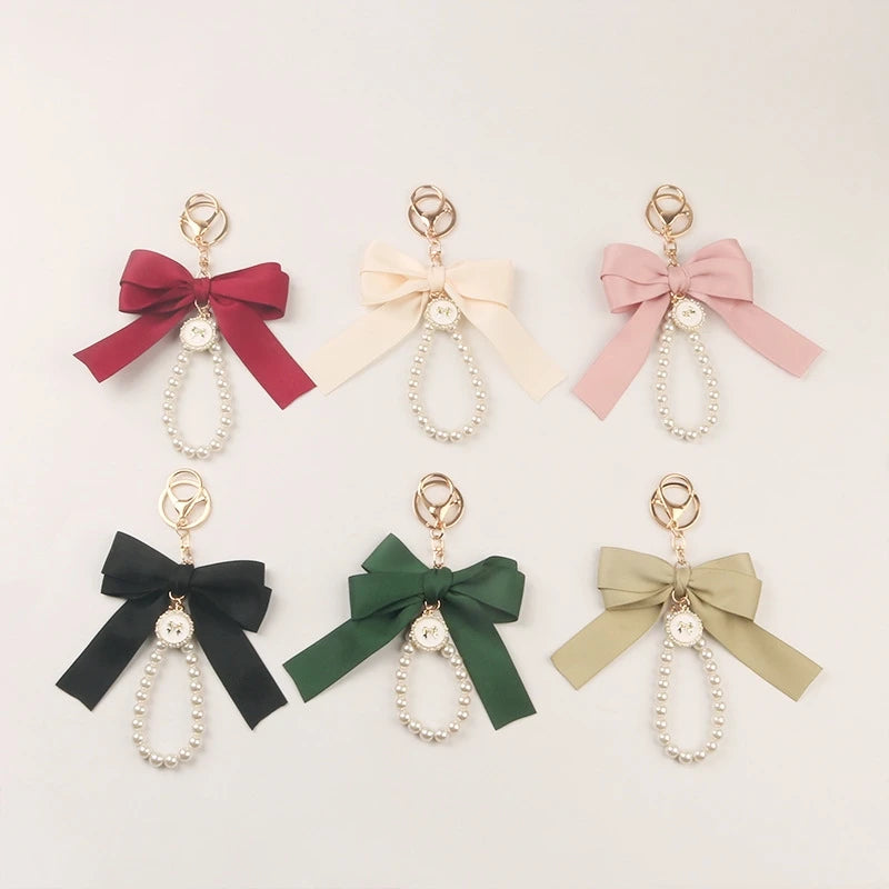 Cute Pearl Charm Keychain Fashion Kawaii Bow Ribbon Pearl Keychain Key Rings for Women Purse Car Earphone case Decor Accessor