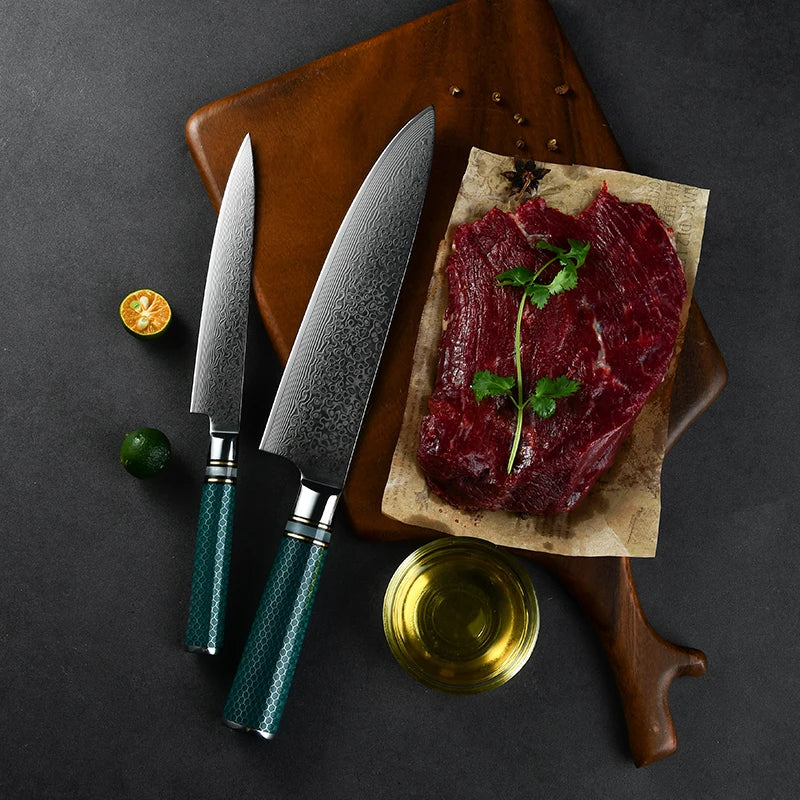 Premium 9Cr18MoV Damascus Steel Kitchen Chef Knife with Resin Hexagon Grid Handle