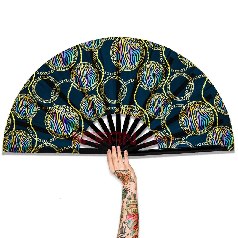 2022 New Design UV Glow Large Bamboo Rave Festivals Folding Clacking Fan Custom Printed