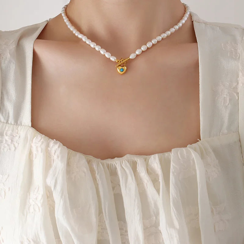 Luxury Vintage Handmade Freshwater Pearl Beads Chain Necklace Stainless Steel Blue Turquoise Heart Pendant Choker