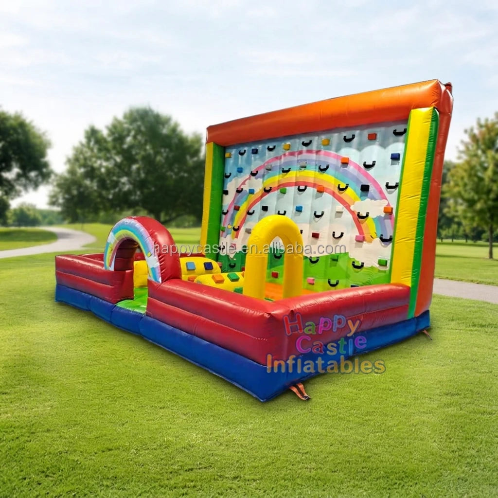 Custom Rainbow Inflatable Kids Rock Climbing Wall with Jumping Area Inflatable Carnival Interactive Games for Parties