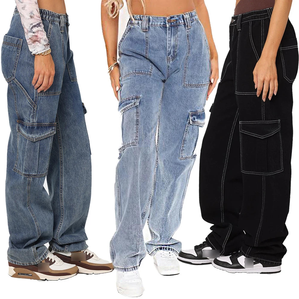 2024 Casual High Waist Classic Pocket Trousers Wide Leg Pant Denim Women Jeans Baggy Boyfriend Jeans Cargo Pants Jeans Women