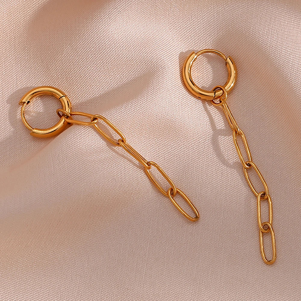 Dreamshow Jewelry 18k Gold Plated Paper Clip Chain Tassel Drop Earring Tarnish Free Stainless Steel Chain Earring Women Jewel