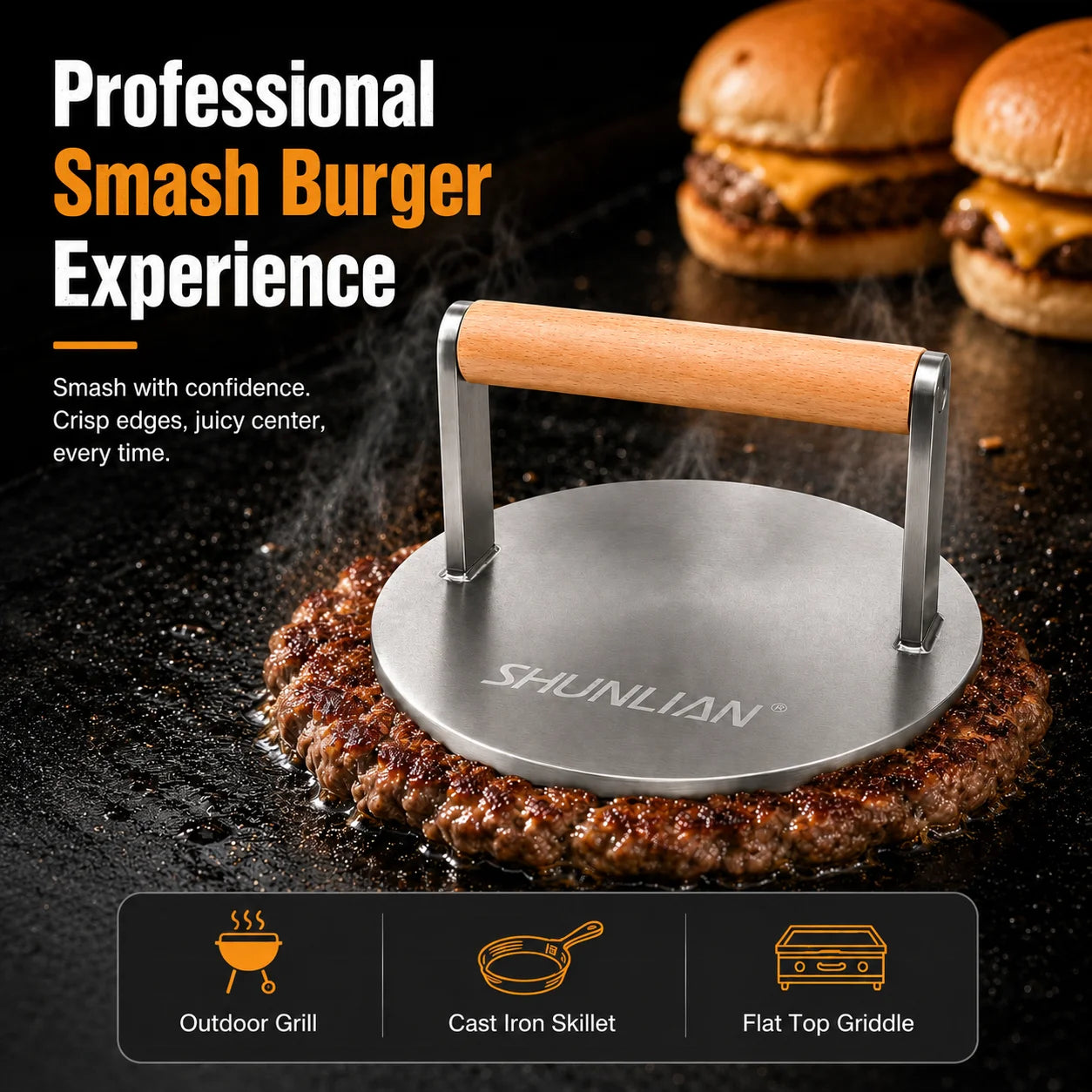 Stainless Steel Wood Handle Hamburger & Bacon Making Press Dishwasher Safe for BBQ Restaurant Outdoor Kitchen