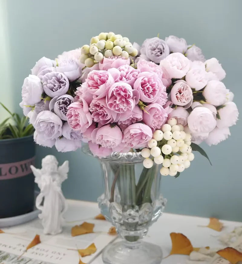DREA 27 Stems Real Touch Artificial Flower Bud Heads Silk Tea Rose Bouquet for Wedding Decoration