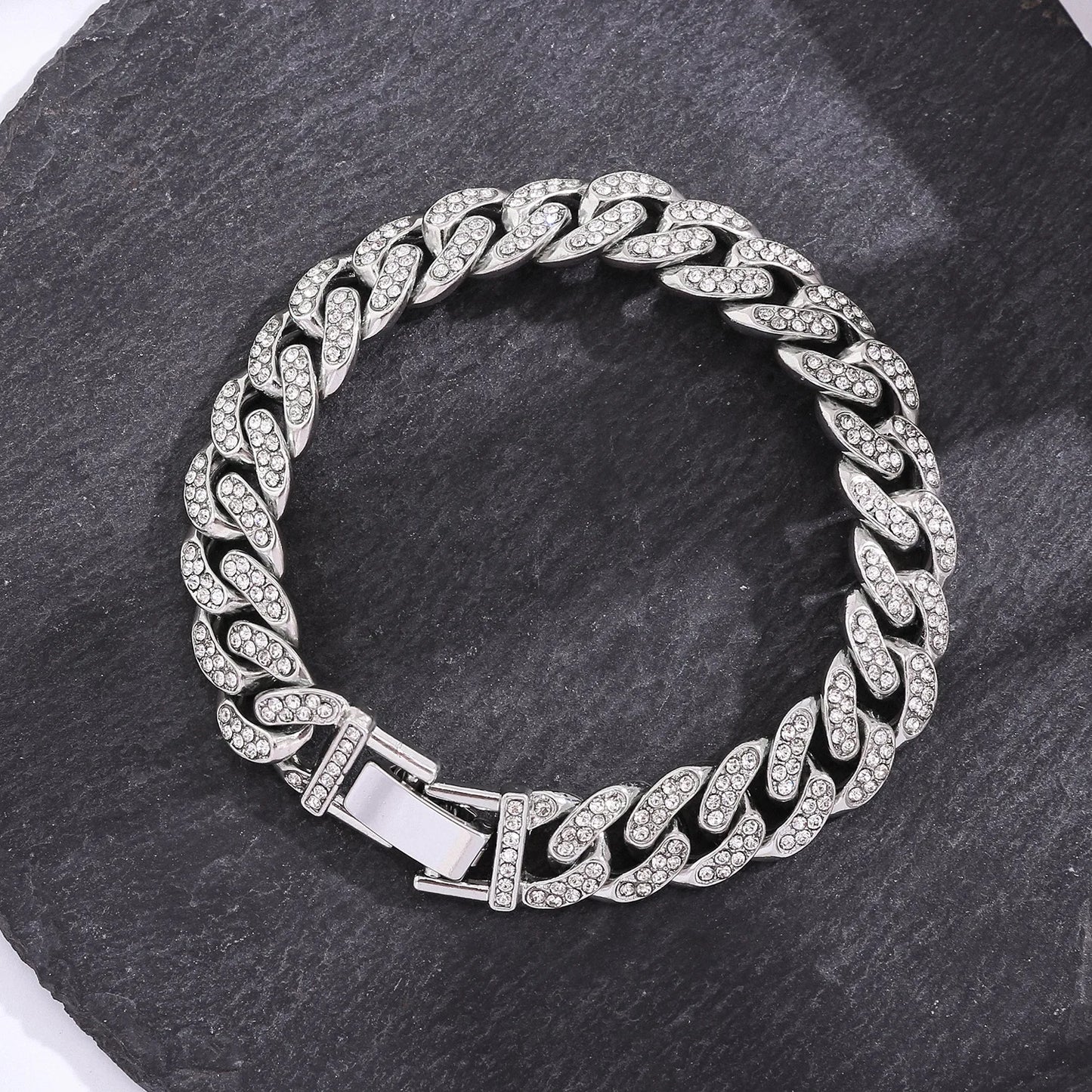 Hip Hop No Fade Tarnish 13mm Thick Diamond Curb Chain Cuban Link Bracelet Silver Plated Stainless Steel Iced Out Cuban Bracel