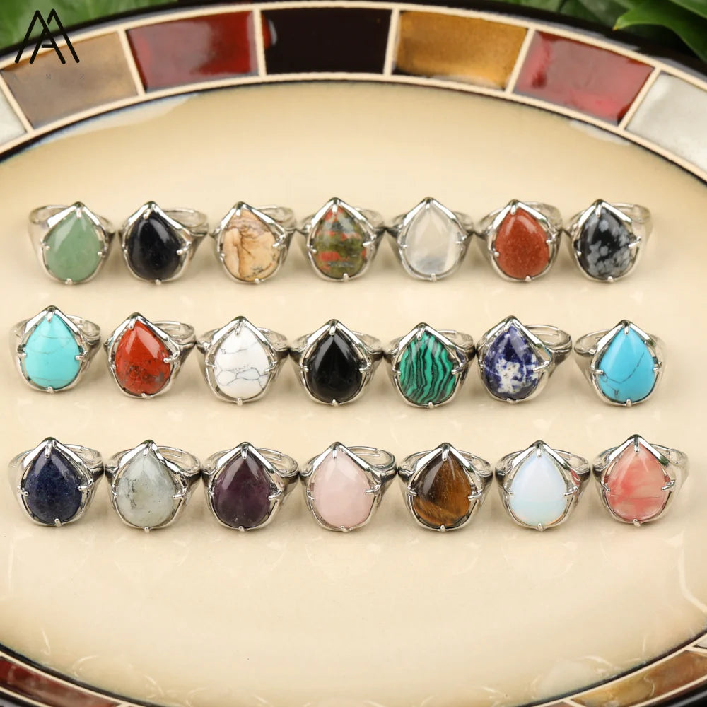 Teardrop Stone Silver Ring  Drop Crystal Gemstone Bands for Men Jewelry
