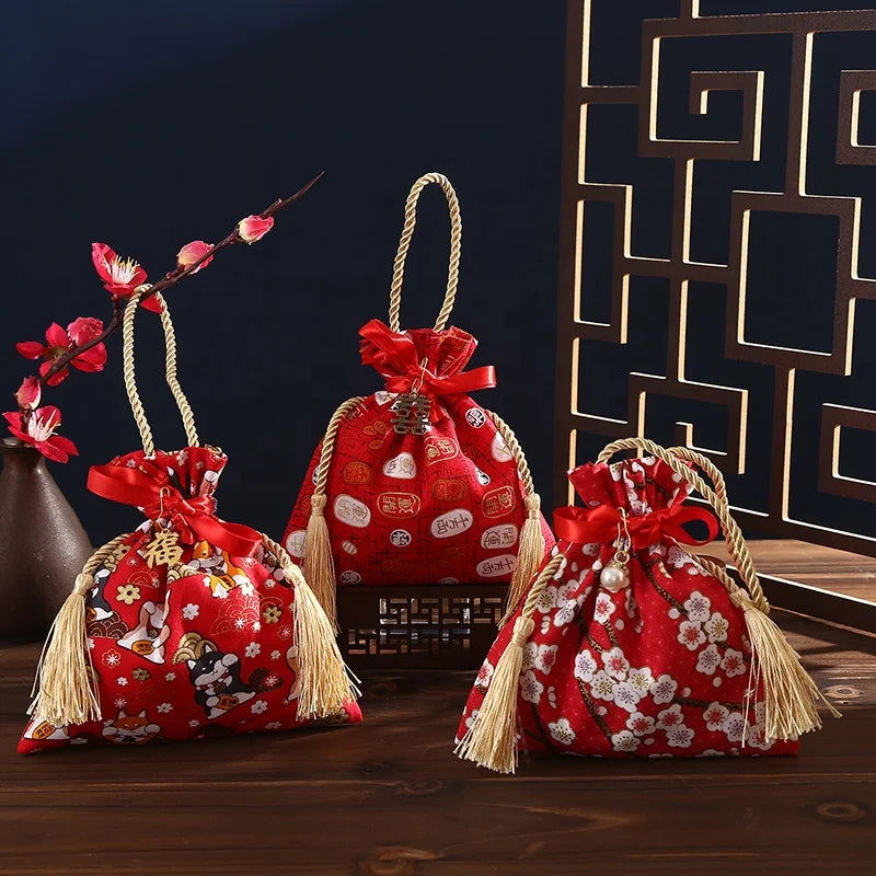 Chinese Silk Brocade Jewelry Pouch Drawstring Candy Bags Tassels Wedding Favor Purse Gift Bags More Patterns Polyester Househ