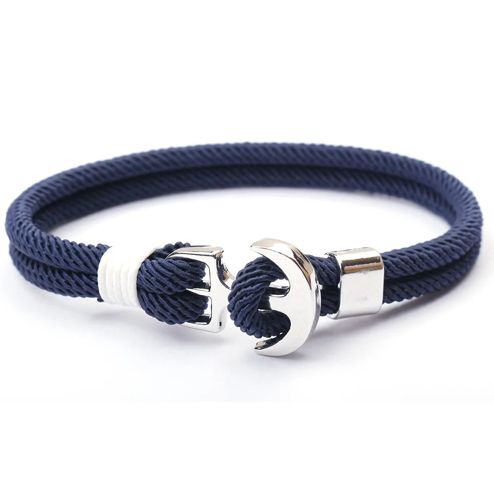 Women Men Unisex Fashion Promotional Silver Tone Pirate Ship Ship's Anchor Milan Rope Cord Bracelet
