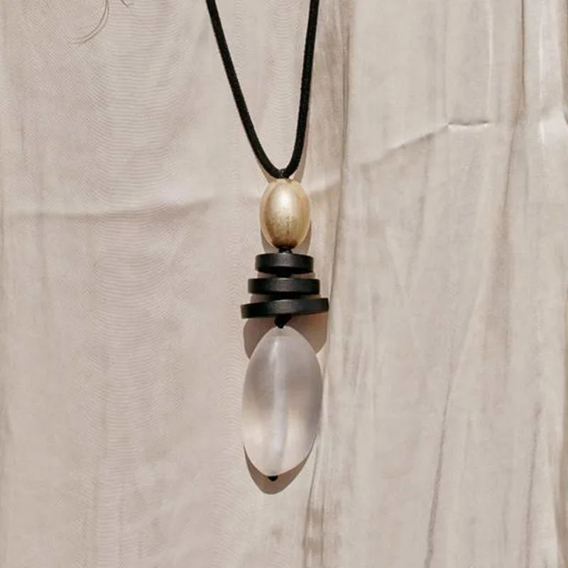 Maiou Designer Trendy Black Cord Wooden and Clear Big Pendang Long Necklace Jewelry for Women Unisex