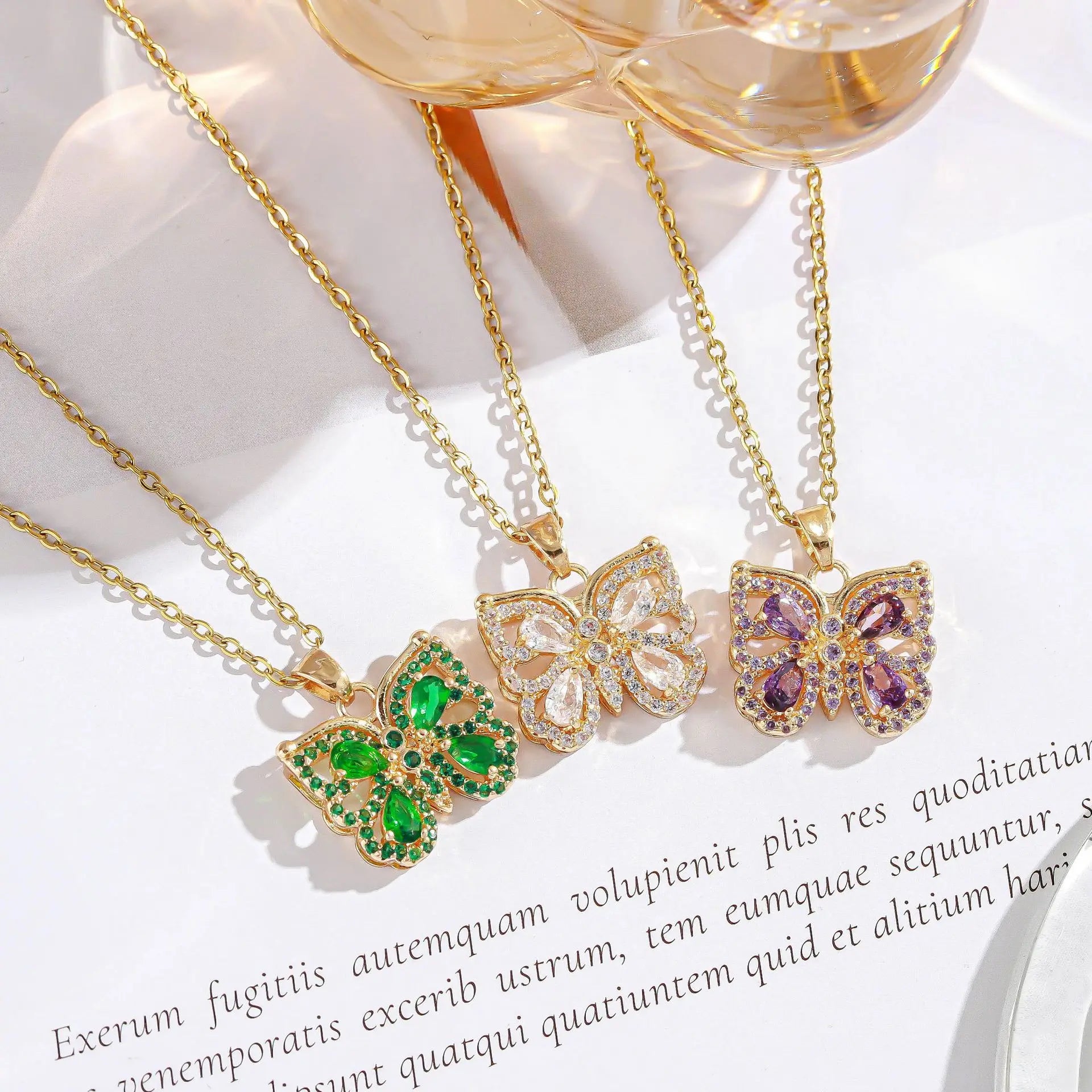 18k Gold Butterfly Pendant Necklace Stainless Steel Green Purple Pink White Zircon Butterfly Shaped Necklace