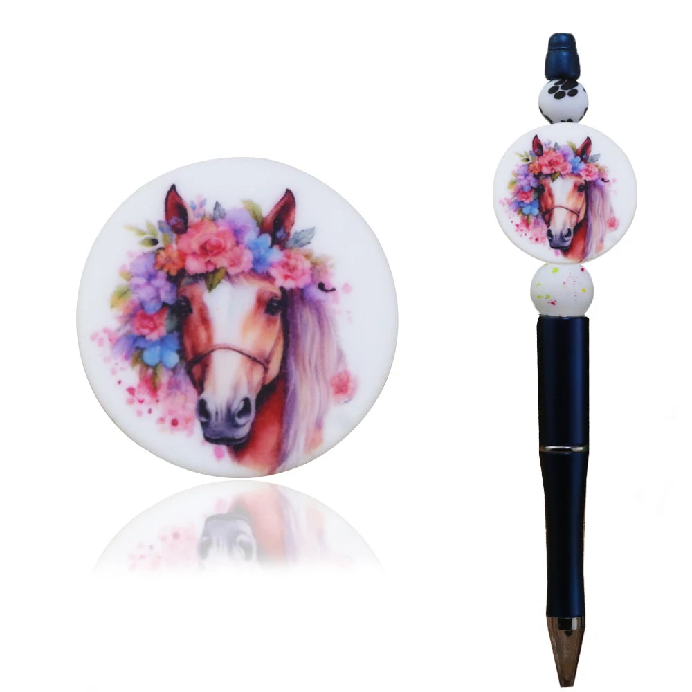 2024 SYBBeads Western New Food Grade Silicone Beads Cute Horse Animal Colorful Pattern Custom Printed Certified Safe H-03