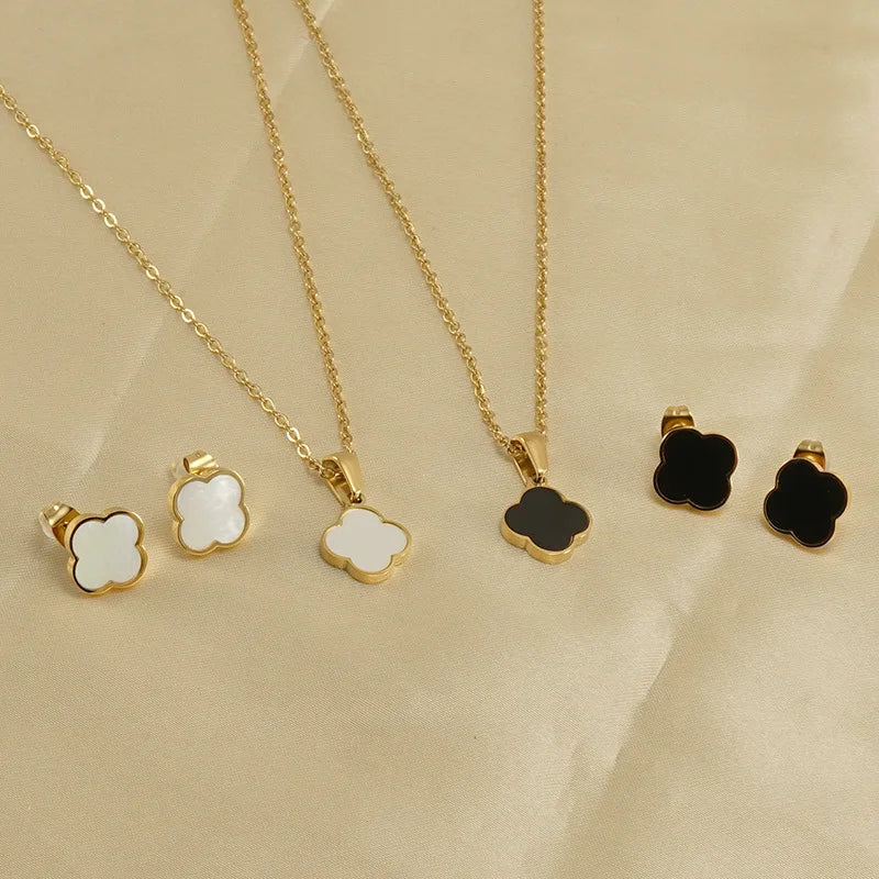 New Fashion 2pcs/set Non Tarnish Shell Clover Earrings Necklace Jewelry Set Gold Plated Stainless Steel for Women 18K Handmad