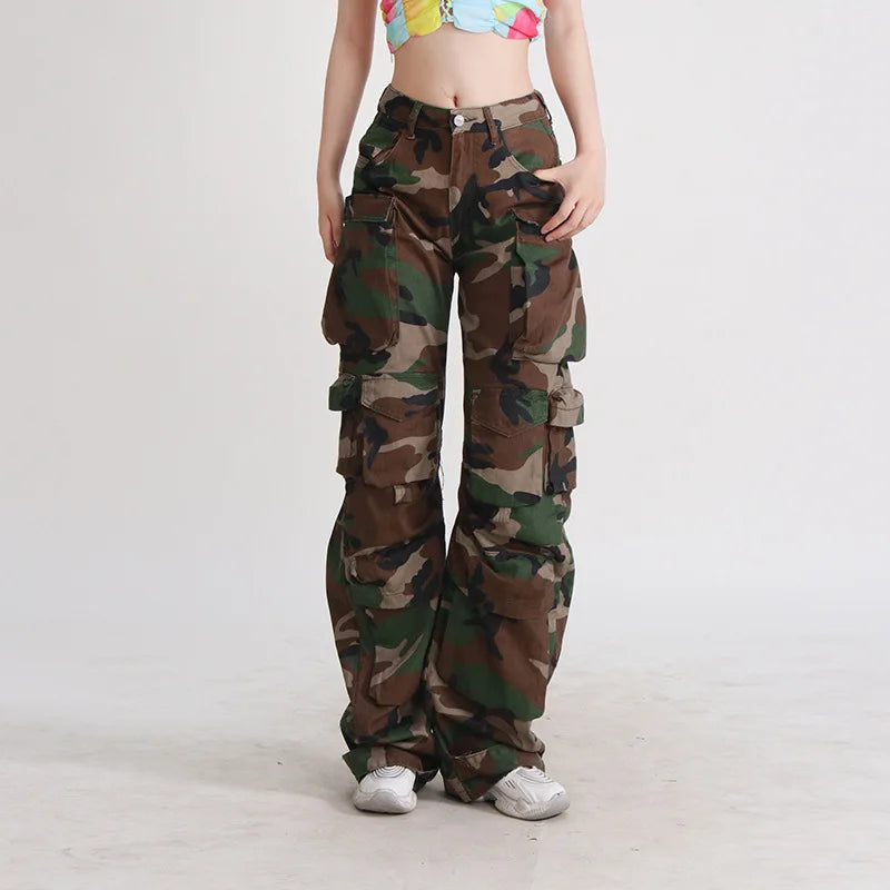 European American Street Trendy Hot Girl Style Women's Mid-Waist Casual Pants Multi-Pocket Decoration Heavy Industry Camoufla