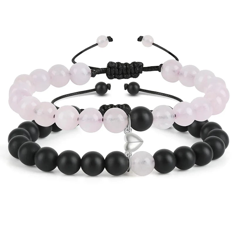 MANCHAO Adjustable Magnet Fashion Jewelry Pink Crystal Frosted Stone Couple Bracelet for Men and Women Pearl Bangles