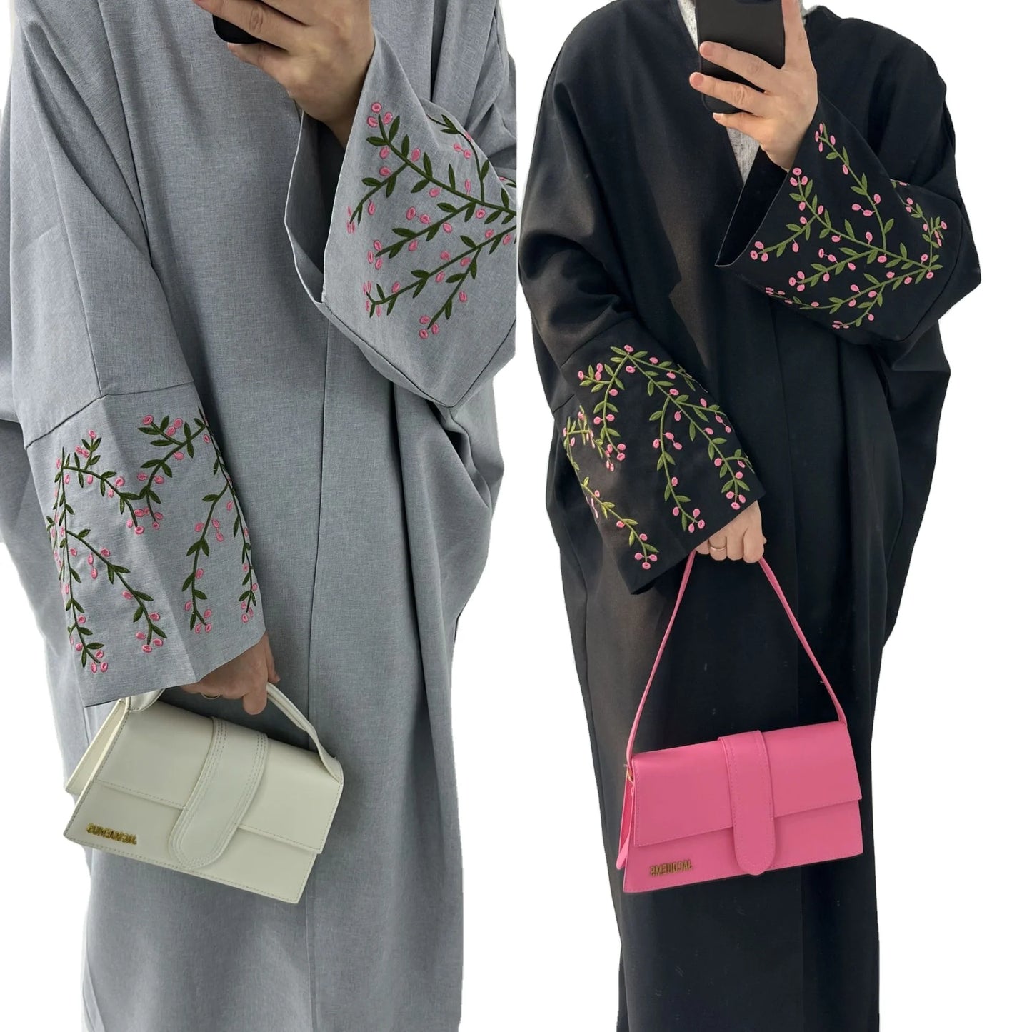Plain Gray Black Color Open Long Style Embroidery Leaf Sleeve Muslim Women Eid Linen Abaya