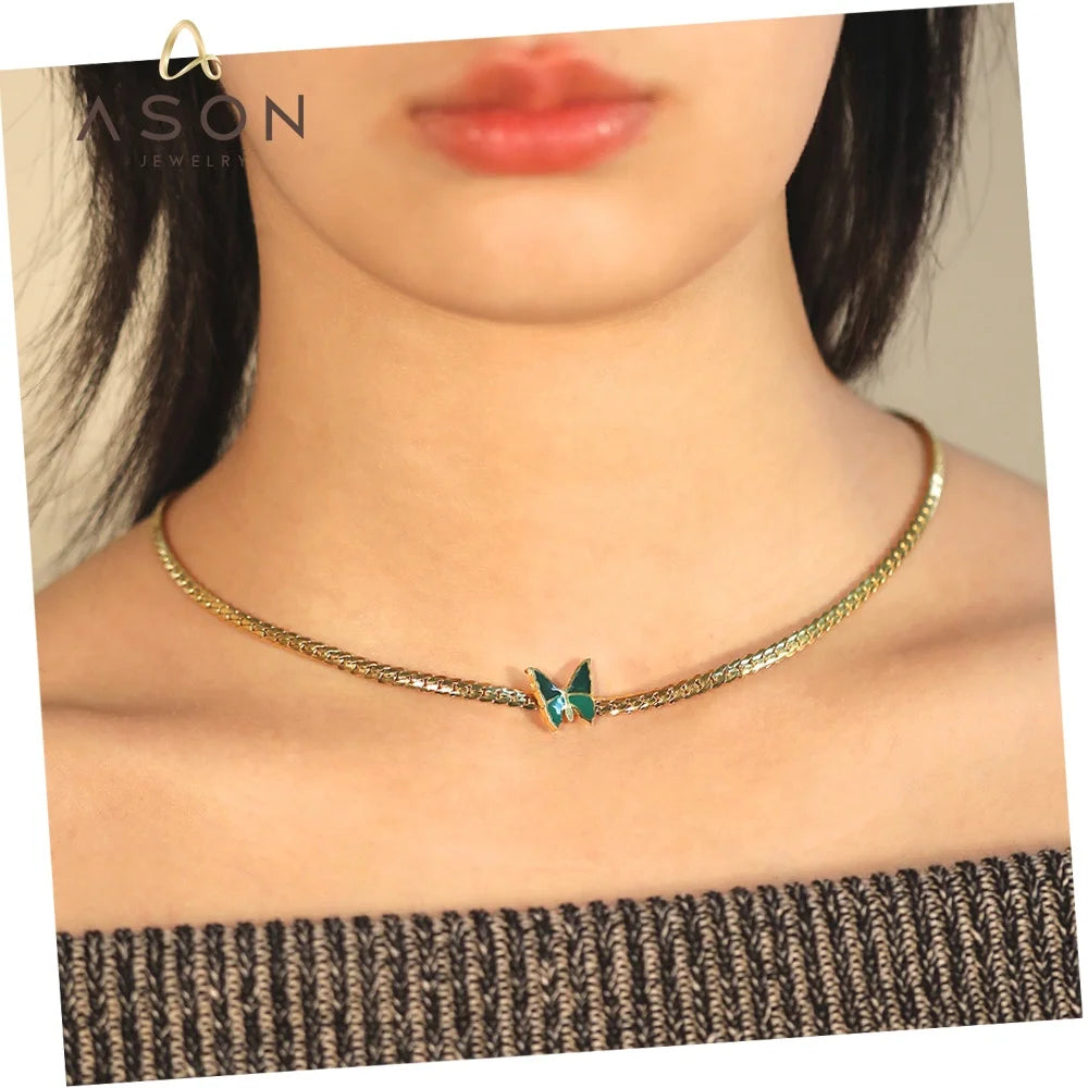 Ason Fashion Jewelry Custom Cuban Chain Necklace Stainless Steel 18k Gold Plated Cute Green Butterfly Charm Necklace for Wome